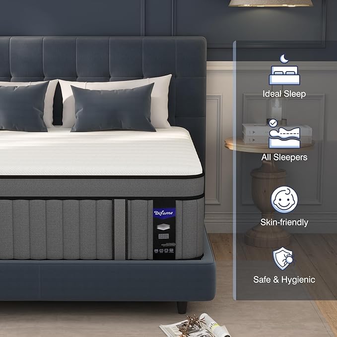 DIFAME Queen Size Mattress,18 inch Queen Mattress in a Box,Hybrid Mattresses with Gel Memory Foam & Pocket Springs, Pressure Relief, Cooling, Enhanced Edge Support,Firm
