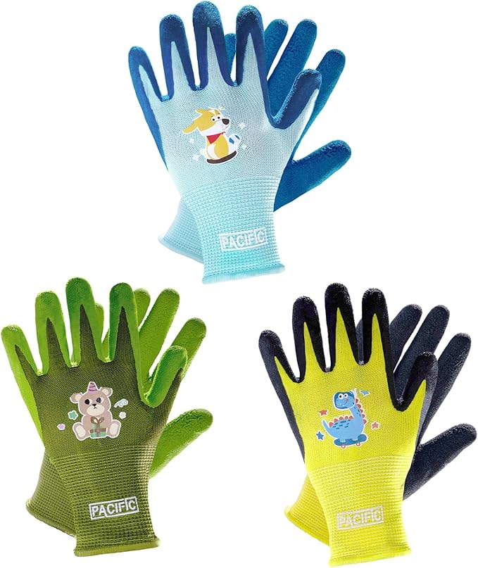 PACIFIC 3 Pairs Kids Gardening Gloves for Age 8-12, Toddler Rubber Coated Garden Gloves, Kids Work Gloves, for Children, Boys and Girls, Multicolor, XS