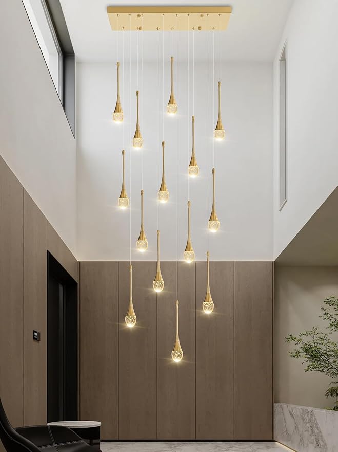 14-Light Modern LED Pendant Lighting Fixture for Kitchen Island Raindrop Crystal Chandelier Gold Chandelier for Dining Room High Ceiling Chandeliers for Staircase Foyer Hallway Villa