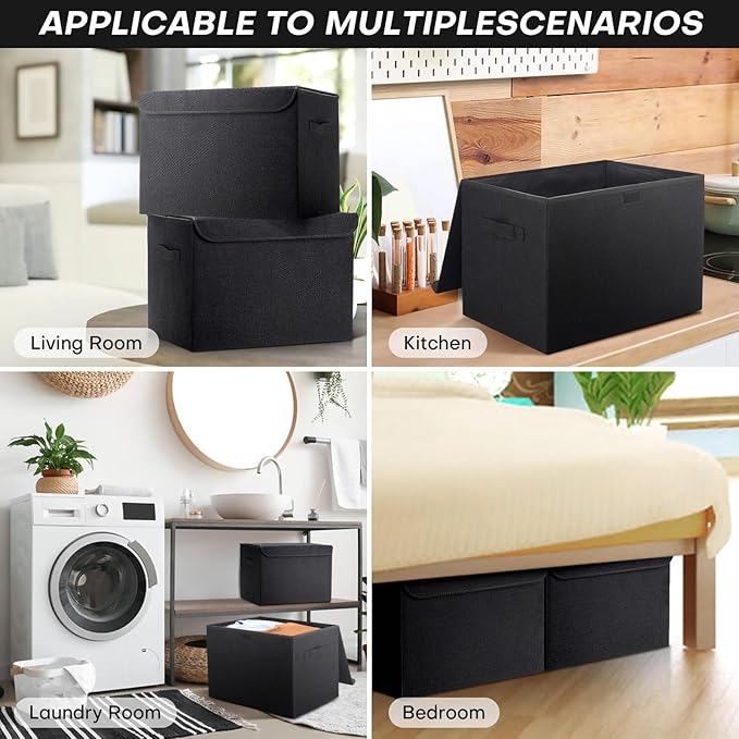 Large 17" 42 Quarts Collapsible Stackable Storage Bins with Lids [3-Pack] Foldable Fabric Linen Storage Boxes Cube, Closet Organizer Baskets with Label (16.7 x 12 x 12", Black)
