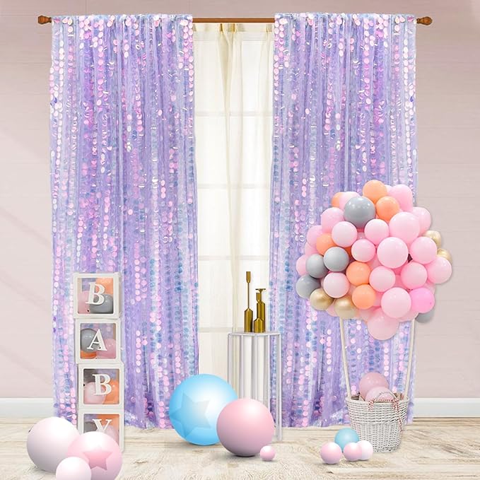 9X9FT Sequin Backdrop Curtains,2 Panels Shimmer Sequin Fabric Photography,Glitter Photo Booth Backdrops Drapes for Christmas Mermaid Party Birthday Cake Table Background Decor-Mermaid Purple
