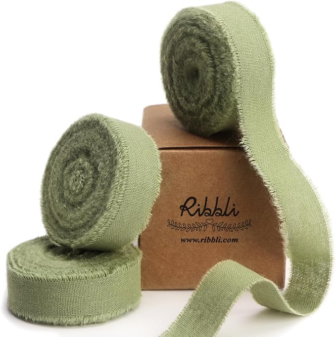 Ribbli 3 Rolls Sage Green Ribbon 5/8 Inch x 18Yards Handmade Cotton Frayed Fringe Ribbons for Gift Wrapping Wedding Invites Bridal Bouquets Baby Shower DIY Crafts Home Decor