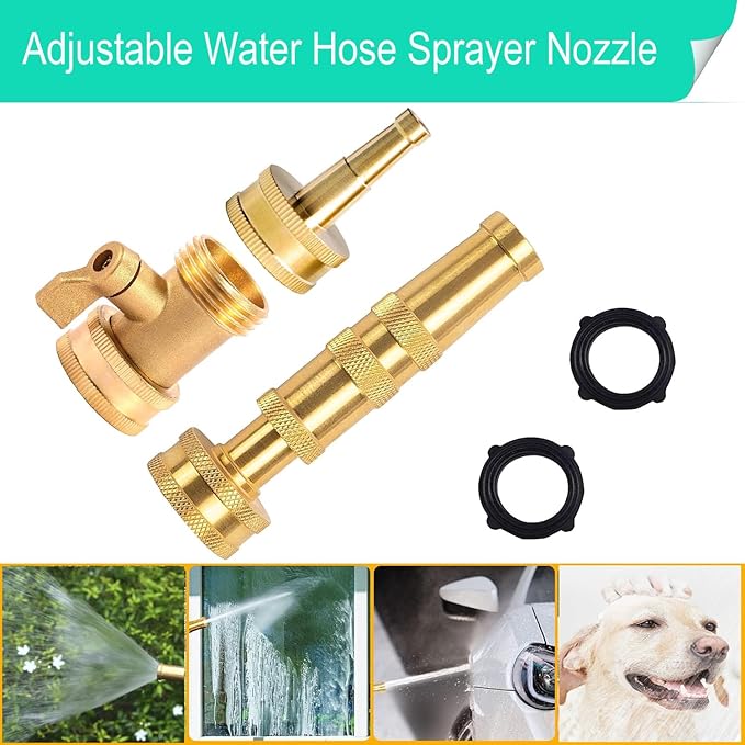 Solid Brass Heavy Duty Adjustable Twist Hose Nozzle,CM CUMIZON Jet Sweeper Nozzle, High Pressure Hose Nozzle with On-Off Valve, Leak-Free Operation 3/4" GHT Connector 3 Pack