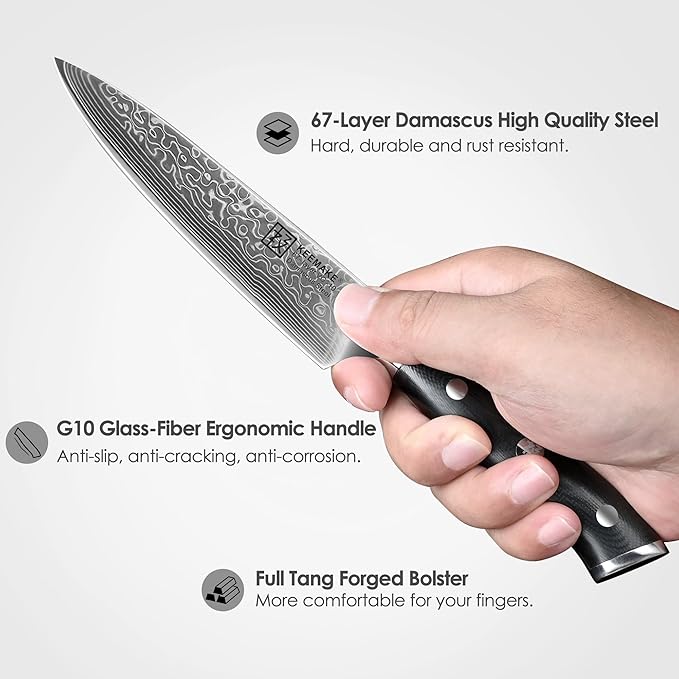 KEEMAKE Kitchen Utility Knife, 5 Inch Chef Knife, 67-Layer Damascus Steel Paring Knife with Ergonomic G10 Handle, Multipurpose Kitchen Knife for Fruit and Vegetable Cutting