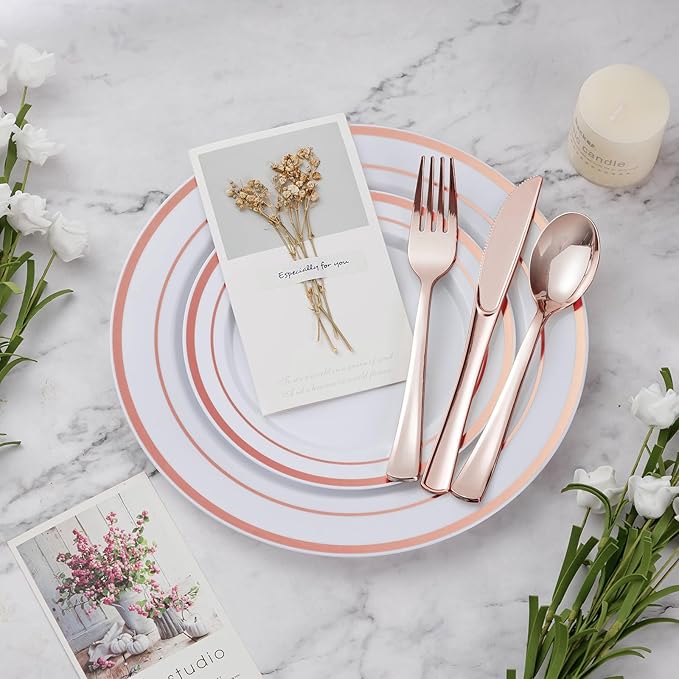 BESTVIP 450PCS Plastic Dinnerware Set (75 Guests), Rose Gold Disposable Plates for Party, Wedding, Christmas, Anniversary, Includes: Dinner Plates, Dessert Plates, Cups, Spoons, Forks and Knives