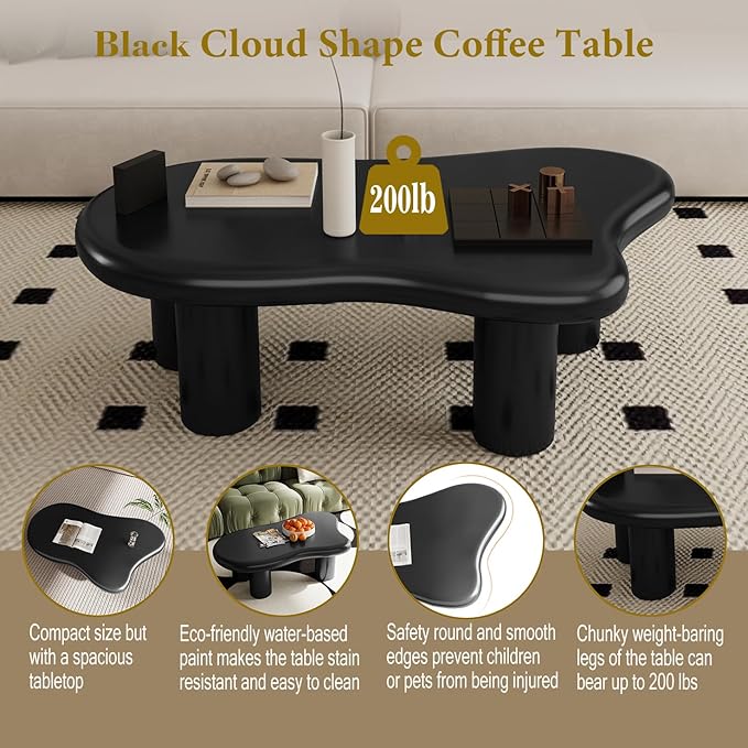 40 Inch Black Cloud Shaped Coffee Table for Living Room Matte Black