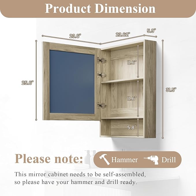 Bathroom Medicine Cabinet Mirror, 32" x 24" Bathroom Mirror with Storage, Medicine Cabinet Organizer with Single Door for Laundry Room, Entryway