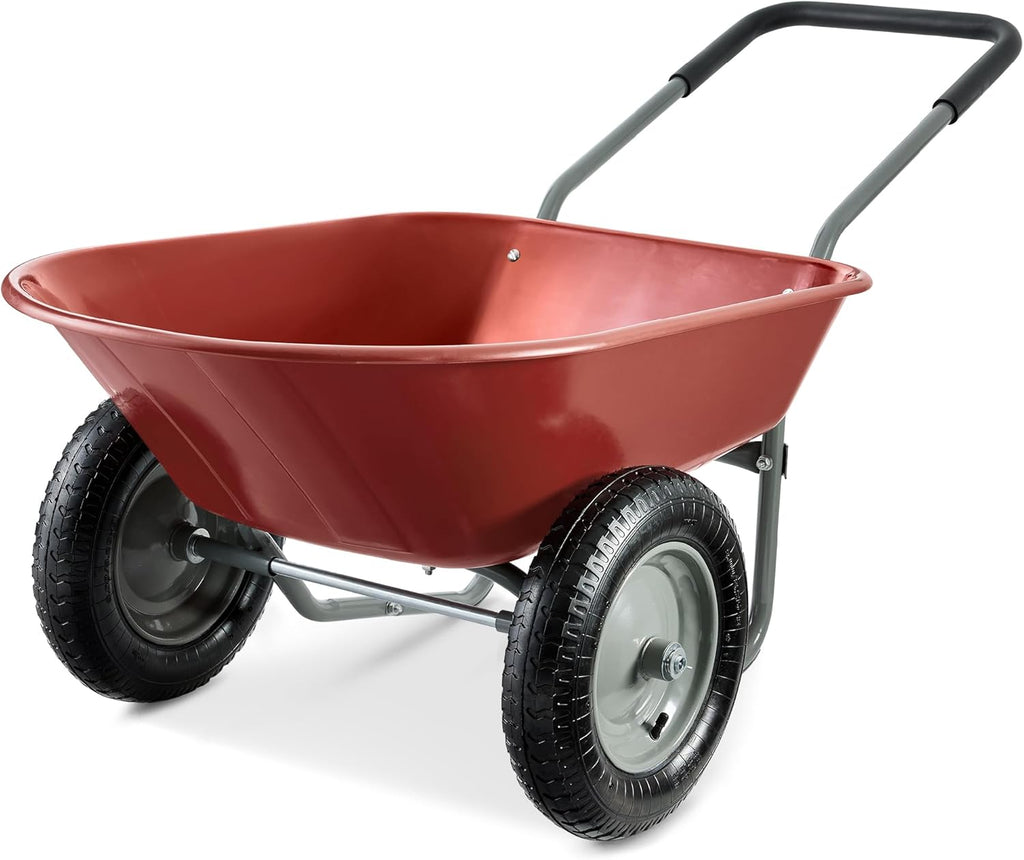 Best Choice Products Dual-Wheel Home Utility Yard Wheelbarrow Garden Cart w/Built-in Stand for Lawn, Gardening, Construction - Red