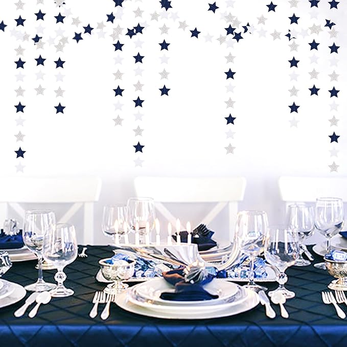 Navy-Blue White-Silver Party-Decorations Birthday Garland - 62ft Twinkle Little Star Hanging Streamers Banner,Wedding Bachelorette Bridal Baby Shower Graduation Decor Hugtmr