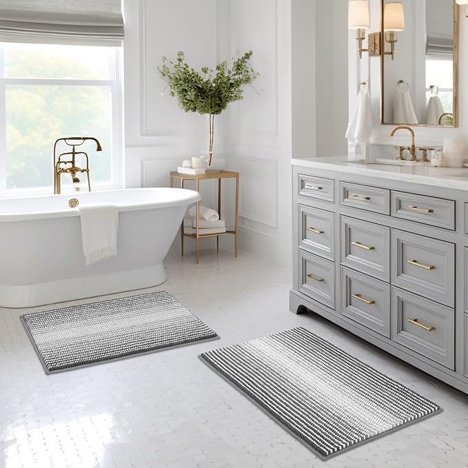 BSICPRO Bathroom Rugs and Mats Sets, 2 Piece Thick Absorbent Chenille Bath Mat Rug Set Non Slip, Soft Shaggy Room Floor for Bathroom, Machine Washable (20" x 32" Plus 16" 24", Gray)