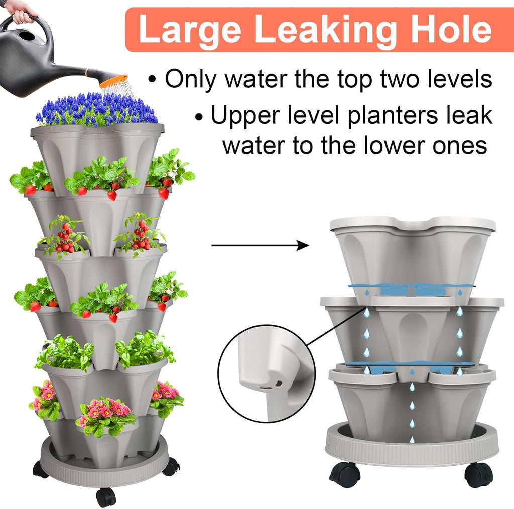 Vertical Planter 6 Tier Stackable Planters Garden Planters Strawberry Herb Flower and Vegetable Planter Indoor Outdoor Gardening Pots with Removable Wheels and Tools