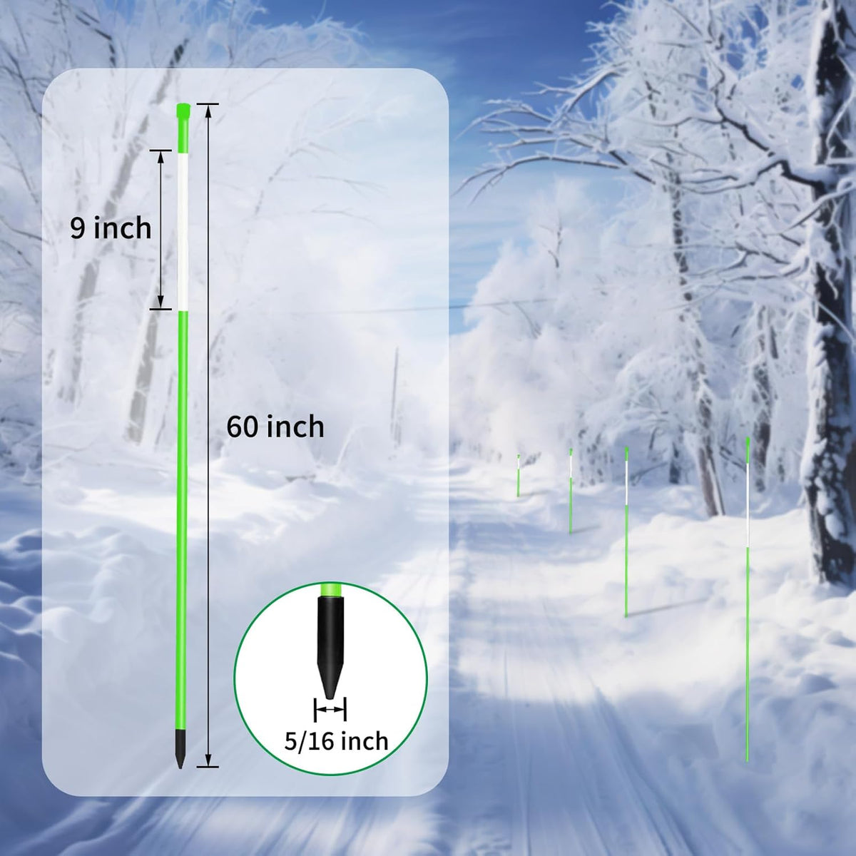Growsun Driveway Marker 5ft Green Fiberglass 5/16 inch Dia Snow Fence Reflective Plow Stakes for Yard Walkways Parking Lots Safety Rods Edge, 25 Pack