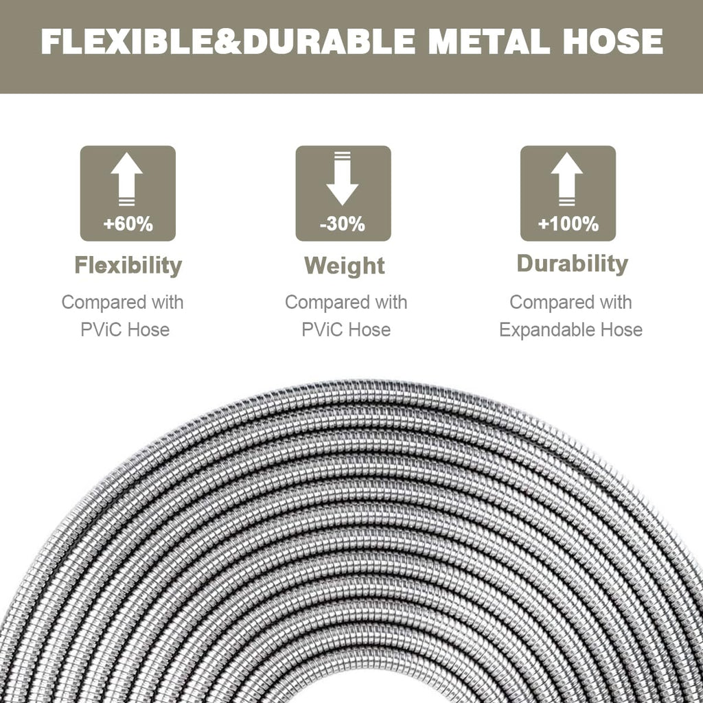 Omont Metal Garden Hose 50FT, Heavy Duty 304 Stainless Steel Water Hoses with Nozzle, Flexible Garden Hose, Lightweight, Rust Proof, No-Kink & Tangle for Yard, Outdoor, RV