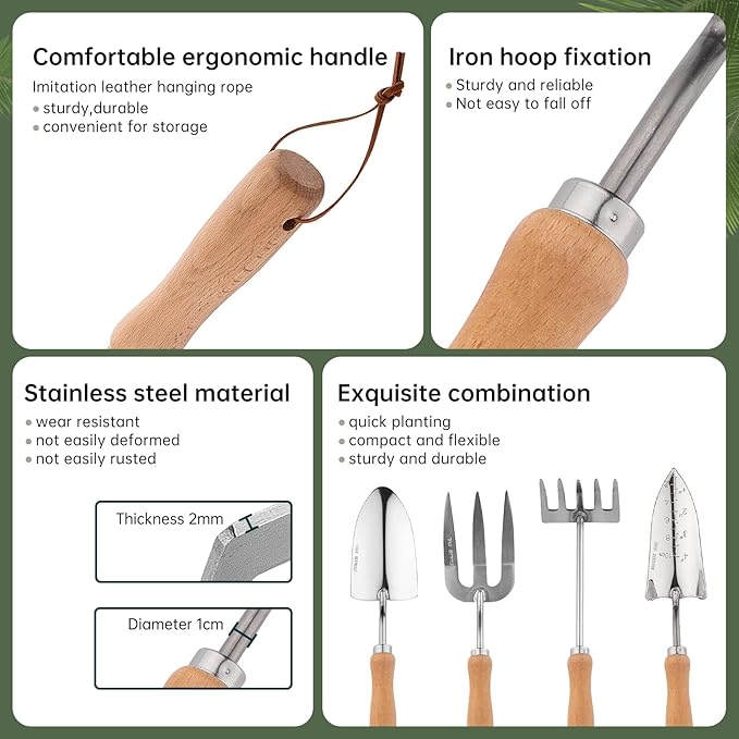 Heavy Duty Garden Tool Set, Stainless Steel Graduated Shovel, Hand Fork, Hand Rake, Transplant Shovel with Scale, 4Pcs Heavy Duty Hand Tools Set for Garden Planting (Garden Hand Tool Set)