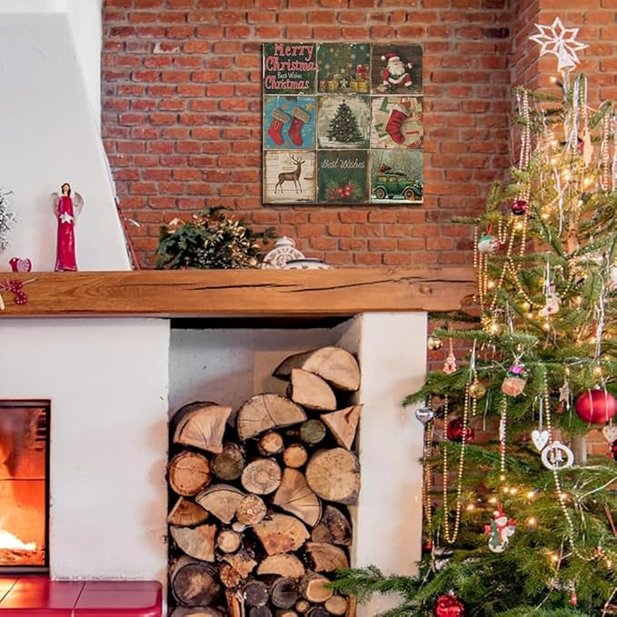 Christmas Decoration Santa Claus Canvas Wall Art Pictures Rustic Vintage Christmas Prints Posters Xmas Tree Wall Decor Aesthetic Merry Christmas Sign for Home Living Room Bedroom Bathroom Holiday Decoration Gifts 12x12inch