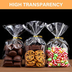 ZHEWTOEN 100 Pcs 6x9 Inch Clear Cellophane Bags with Color Twist Ties, Plastic Goodie Cello Treat Bags for Candy, Cookies, Popcorn, Small Gift Wrapping, Party Favors, Bakery Packaging