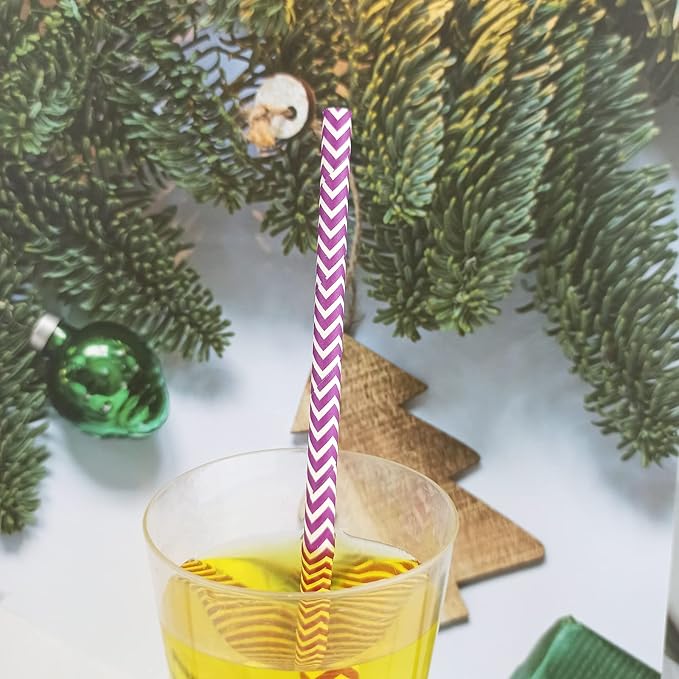 YAOSHENG Premium Disposable Waves Striped Drinking Paper Straws, Pack 100 Purple Waves Paper Straws for Cocktail Party Supplies,Birthday,Bridal/Baby Shower,Juice,Shakes (Purple Waves)