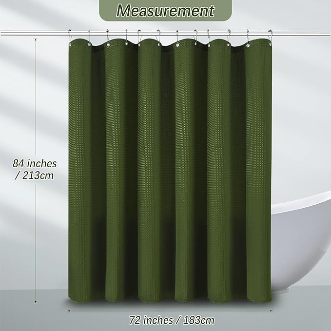 Waterproof Fabric Shower Curtain Extra Long Waffle Weave Heavy Duty Bathroom Shower Curtain Set, 256GSM Weighted Thick Shower Curtain with 12 Rust-Resistant Hooks,72Wx84H Green