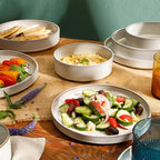 Bloomhouse - Oprah's Favorite Things - Santorini Mist Double Bowl Terracotta Reactive Glaze Plates and Bowls Dinnerware Set - Moonstone White, Service for Four (16pcs)
