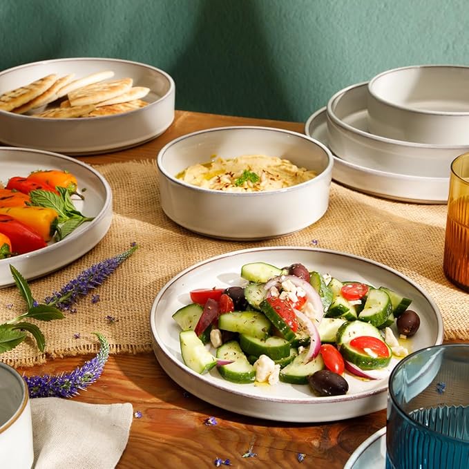 Bloomhouse - Oprah's Favorite Things - Santorini Mist Double Bowl Terracotta Reactive Glaze Plates and Bowls Dinnerware Set - Moonstone White, Service for Four (16pcs)