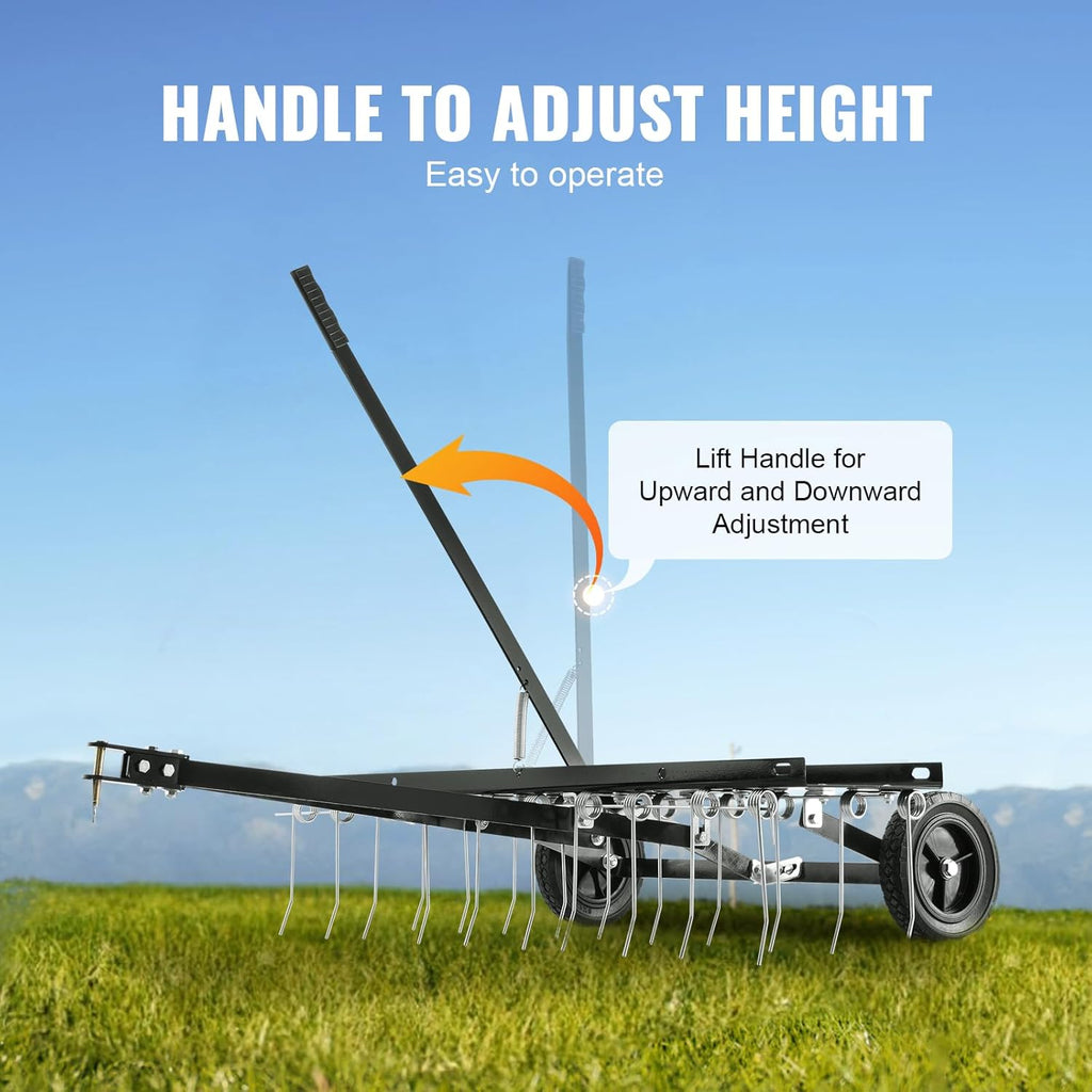 VEVOR Tow Behind Dethatcher, 40-inch Tow Dethatcher with 20 Spring Steel Tines, Lawn Dethatcher Rake for ATV or Mower, Tow Behind Lawn Rake with Lift Handle for Garden Farm Grass