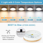 Dimmable Wood LED Ceiling Light Fixture, 5CCT 2700K-6000K Modern White Flush Mount Ceiling Lighting, Minimalist Round Ceiling Lamp for Bedroom, Kitchen, Laundry Room, Hallway, 11.81in