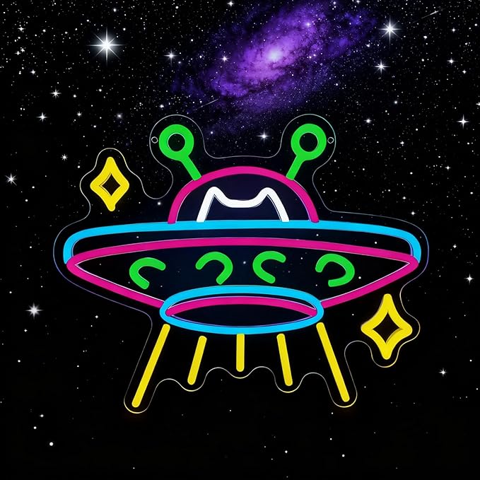 UFO Neon Sign,Cat Dimmable LED Light Signs for Wall Art Decor,Space Backdrop for Game Room Bedroom Club Party Man Cave,Gift for Boys Teen Men USB Powered（15"*12.1"）