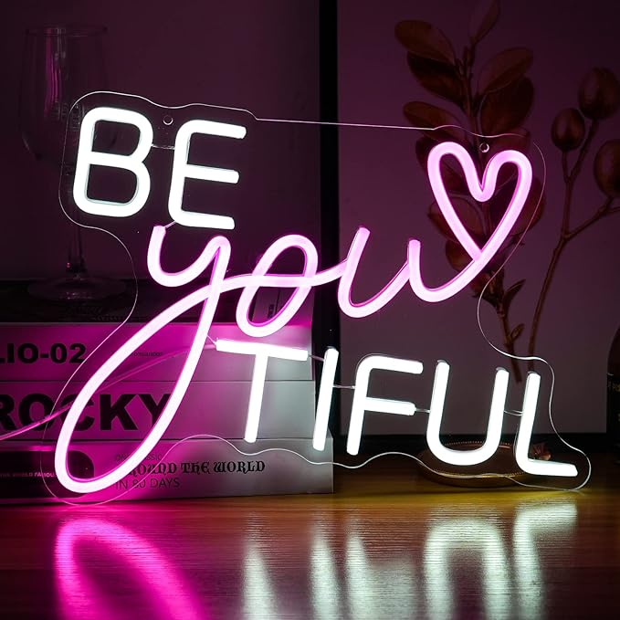 Be Your Tiful Neon Sign Dimmable Letter Neon Signs White Pink Wall Decorative Lights Powered USB with Switch for Bedroom Kid Room Shop Apartment Birthday Party Wedding （15.7’’X11.8’’）