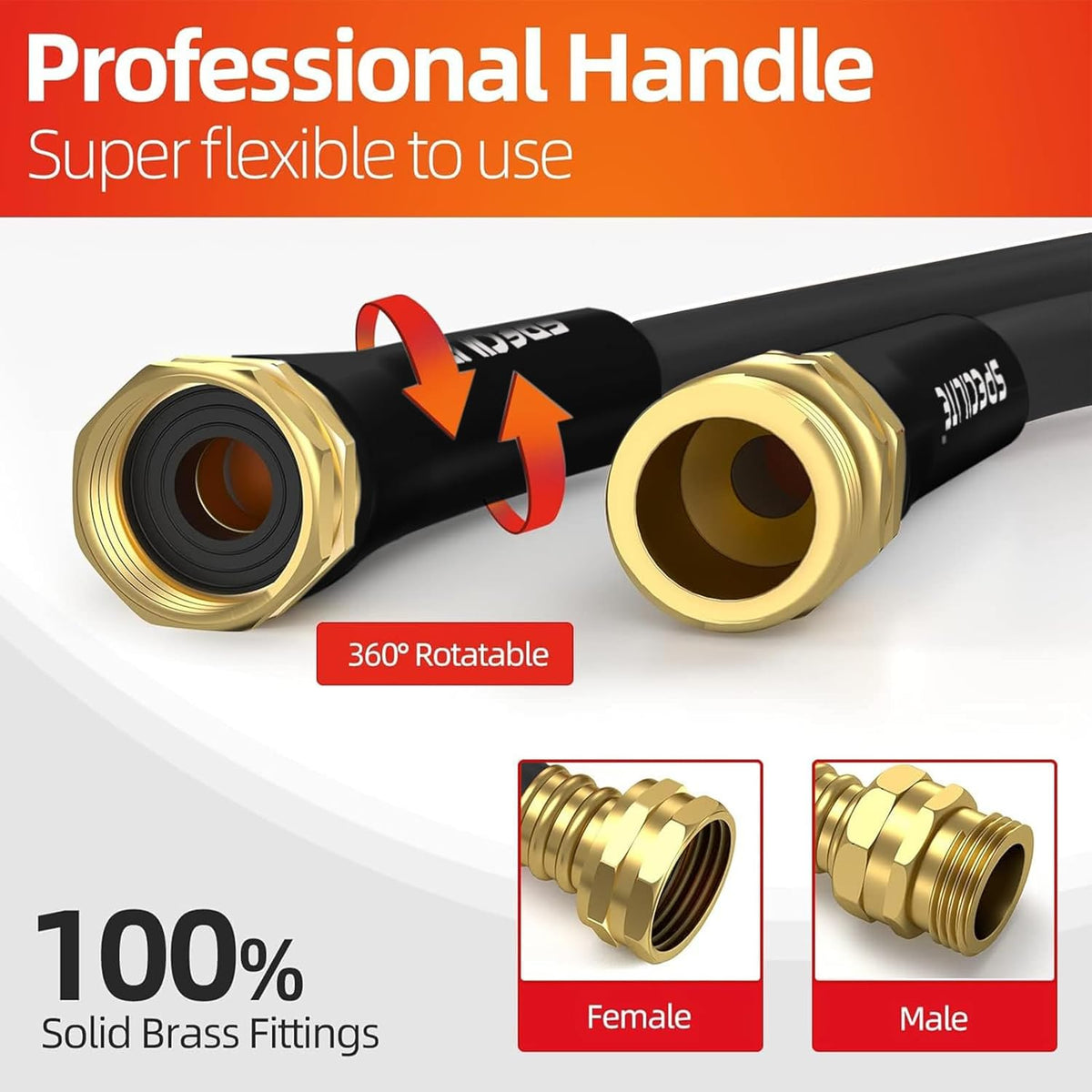 SPECILITE Garden Water Hose 25 ft x 5/8 in Heavy Duty, Flexible and Lightweight, Burst 600 psi, Kink-less Hybrid Rubber Pipe for Backyard, 3/4'' Brass Fittings, Black
