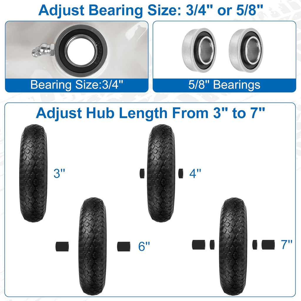 4.80/4.00-8" Wheelbarrow Tubed Tire and Wheel, 16" Universal Fit Pneumatic Tire with 3/4" or 5/8" Bearing, 3"-7" Hub, Adapter Kit Hand Truck Wheel Replacement for Garden Trailer, Wagons, 1 PCS