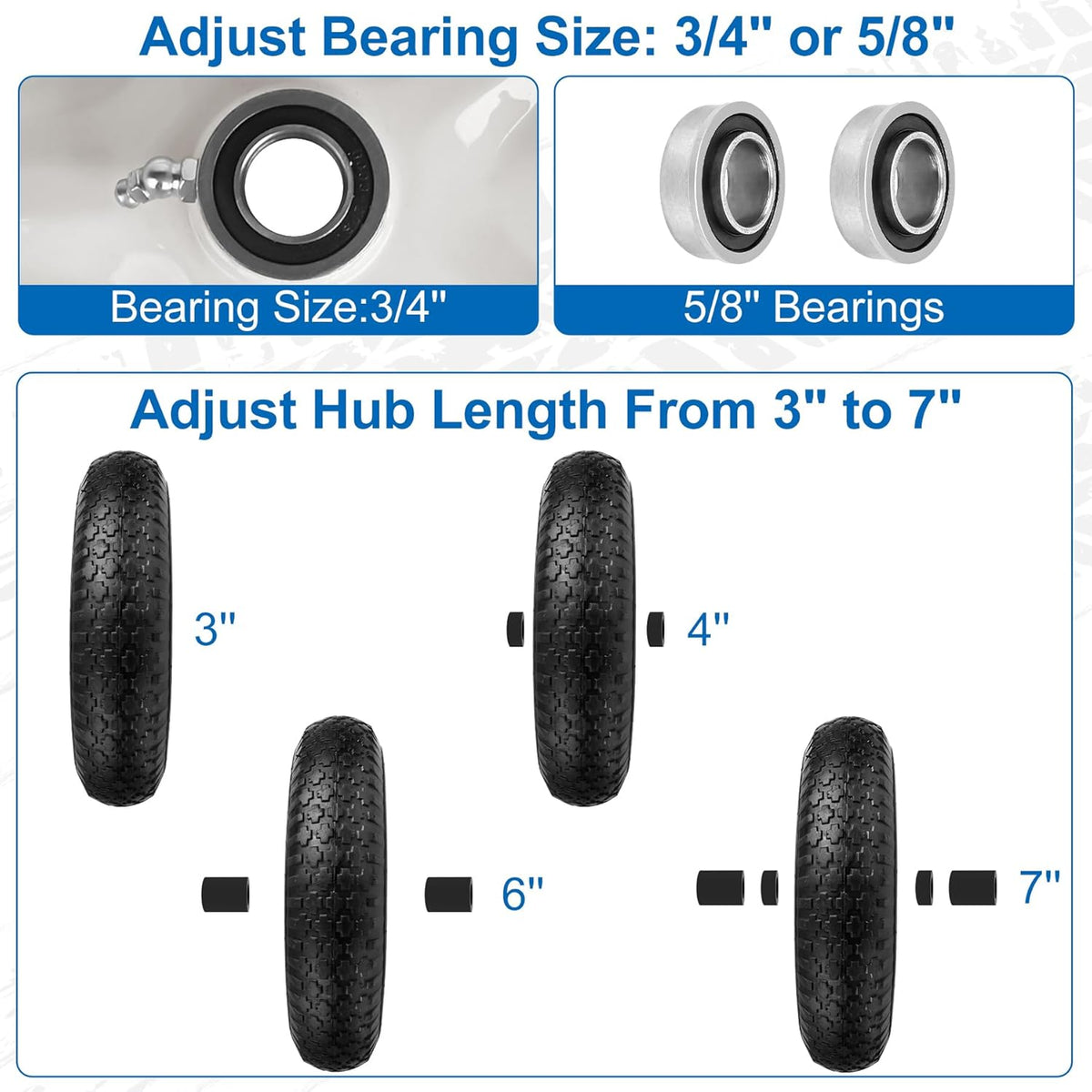 4.80/4.00-8" Wheelbarrow Tubed Tire and Wheel, 16" Universal Fit Pneumatic Tire with 3/4" or 5/8" Bearing, 3"-7" Hub, Adapter Kit Hand Truck Wheel Replacement for Garden Trailer, Wagons, 1 PCS