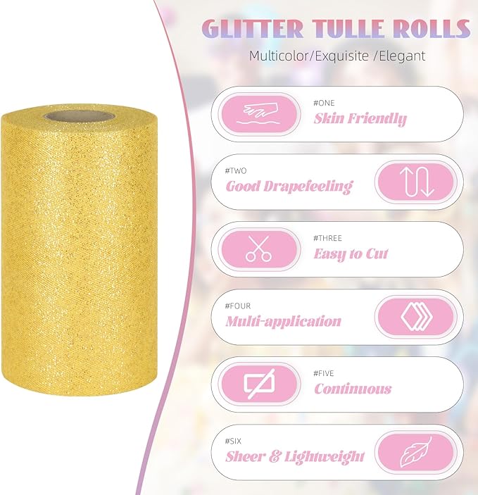 Glitter Tulle Rolls 6” by 50 Yards Sparkle Tulle Fabric Ribbon Sequin Tulle Netting Rolls for DIY Tutu Skirt Wedding Birthday Party Decoration (Yellow)