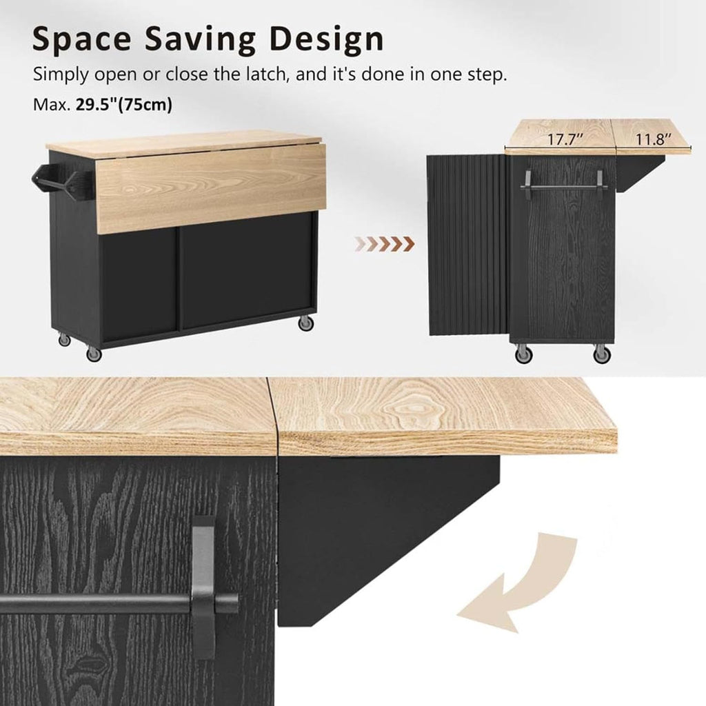 Rolling Kitchen Island with Drop Leaf with Storage and Dining Table, Kitchen Islands with Storage with Wheels Towel Rack， for Kitchen, Dining Room, Black