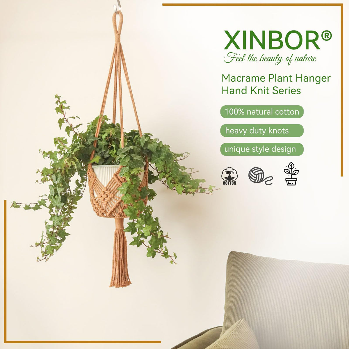 Hanging Planter with Patterns,2Packs Macrame Plant Hangers Indoor Macrame for up to 8 inch Pot Crochet Boho Plant Hanger Holder for Indoor Outdoor with 2S Shaped Stainless Steel Hooks (Caramel)
