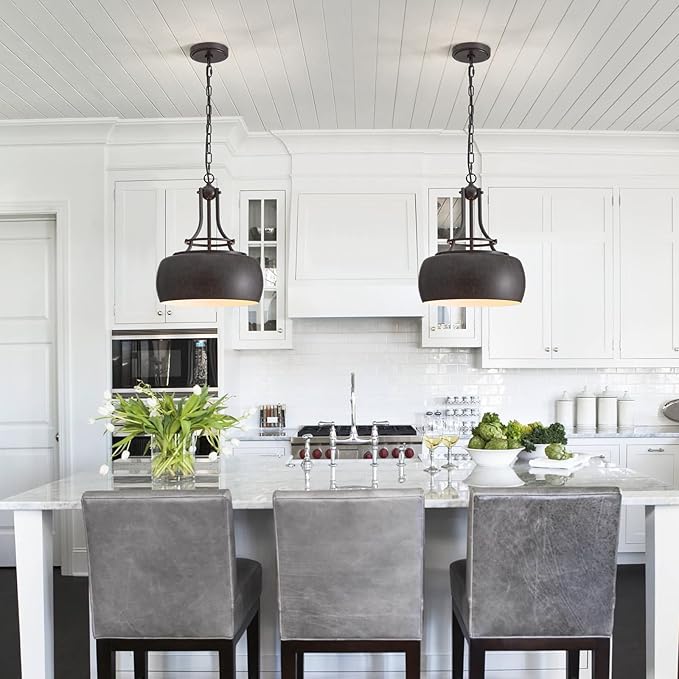 WUZUPS Chandelier Rustic Farmhouse Industrial Round Ceiling Pendant LED Light Fixture with Open Bottom Drum Shade, H 15.7" x W 13.4", Distressed Rust