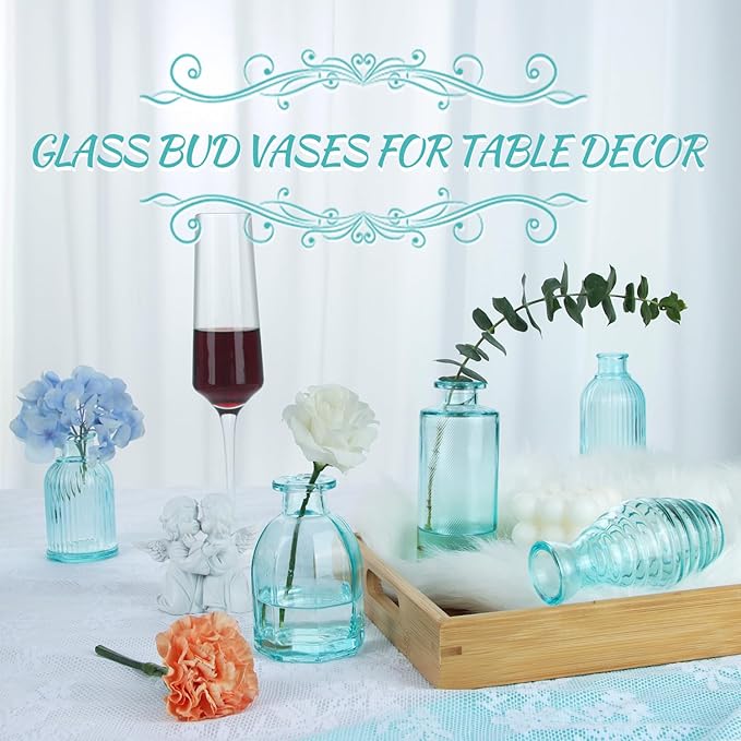 Bud Vases Set of 12, Blue Glass Vase Small Vintage Flower Vase for Decor Ribbed Glass Bud Vases in Bulk Wedding Decor Bridal Shower Party Centerpieces Home Room Table Decorations