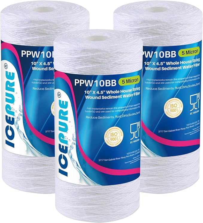 ICEPURE 5 Micron 10”*4.5'' Whole House Sediment String Wound Water Filter Replacement filter for 84637, WPX5BB97P, PC10, 355214-45, 355215-45, WP10BB97P, WP5BB97P, 3PACK