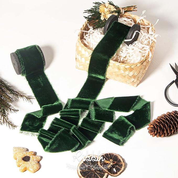 Ribbli Forest Green Velvet Ribbon 1.5 Inch Handmade Frayed Vintage Christmas Ribbon for Gift Wrapping Christmas Tree Ornament Wreath Craft Home Decor -Total 3 Yards with Wooden Spool