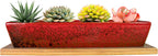 ARTKETTY Succulent Pots, 9.8 Inch Ceramic Succulent Planters with Drainage Small Bonsai Pot with Bamboo Tray, Mini Cactus Flower Planter Pot Shallow Rectangular Window Planters for Indoor Plants