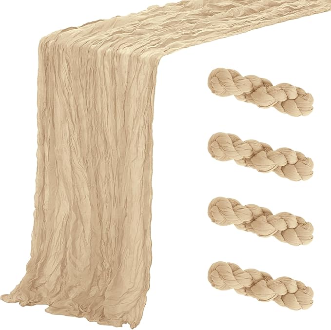 Aktor 4 Pack Beige Table Runner Boho Cheesecloth Table Runner Semi Sheer Gauze Fabric Runners for Wedding Birthday Baby Shower Party Boho Table Decoration（Beige）