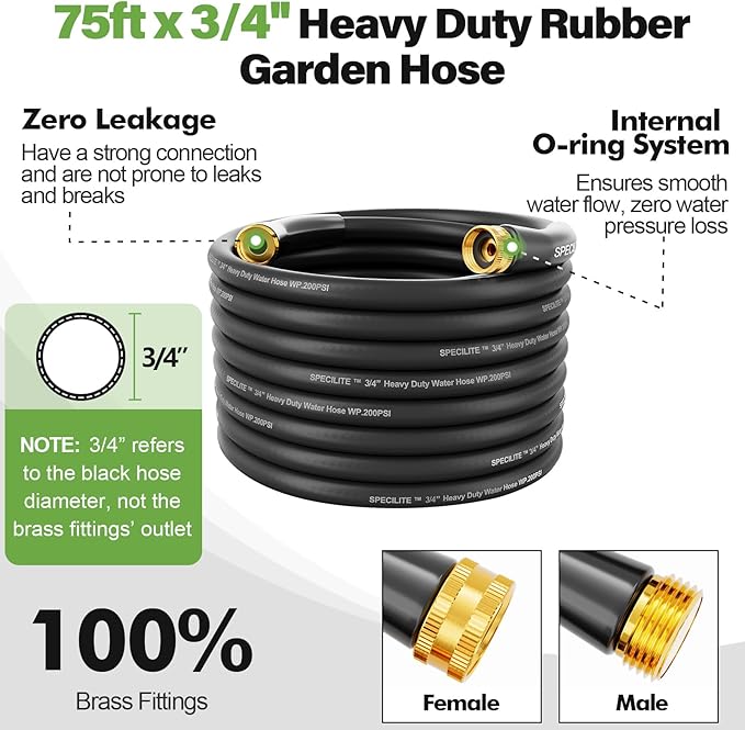 SPECILITE 3/4" Garden Hose 75 ft with High Flow Nozzle, Heavy Duty Flexible Hybrid Rubber Water Hose for Outdoor, Lightweight, Leak-Proof, No-Kink, 3/4"Brass Fittings,Black