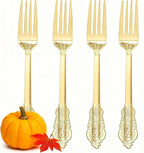 WDF 100 Piece Gold Forks Disposable - 7.48 Inch Gold Plastic Forks - Baroque Plastic Silverware for Dessert Cake - Heavy Duty Thanksgiving for Party, Wedding or Daily Using