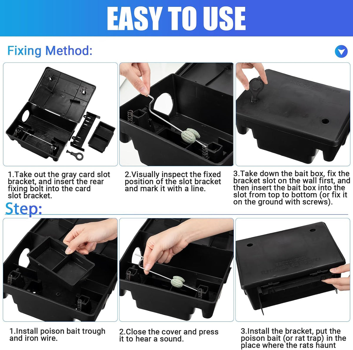 Qualirey 6 Pack Rat Bait Stations Large Rodent with Key Reusable Mouse Stations Mice Blocks Heavy Duty Boxes for Outdoor Rodents Mice Blocks, Bait Not Included, Black (9.8 x 7.5 x 3.9 Inches)