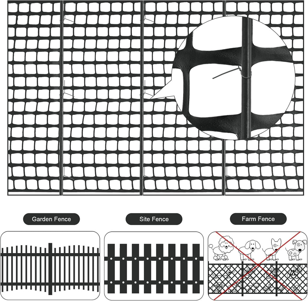 Plastic Garden Fencing Roll Safety Construction Barrier Outdoor Snow Mesh Fence Garden Netting, 1.2 Inch Mesh, Coated Iron Wire Support Stakes, Cable Ties for Garden (Black, 2 x 50 Feet)