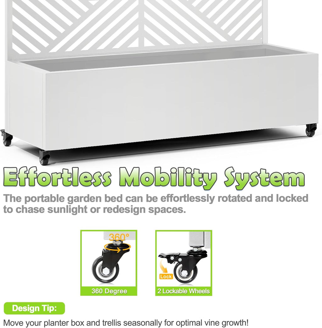15.7"×70.9"×47.2" Metal Raised Garden Bed with Trellis and Wheels - Tall Trellis Planter Box for Climbing Plants, Vegetables & Vines - Outdoor Privacy Planters for Patio (White-Zodiac)