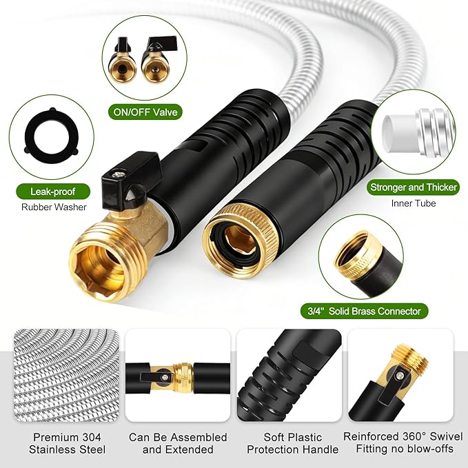 Metal Garden Hose 25 ft Stainless Steel Heavy Duty Water Hose with 10 Function Nozzles Flexible Lightweight Kink-Free Leakproof Sturdy Hoses Pipe 3/4" Brass Fitting for Outdoor Yard Lawn RV