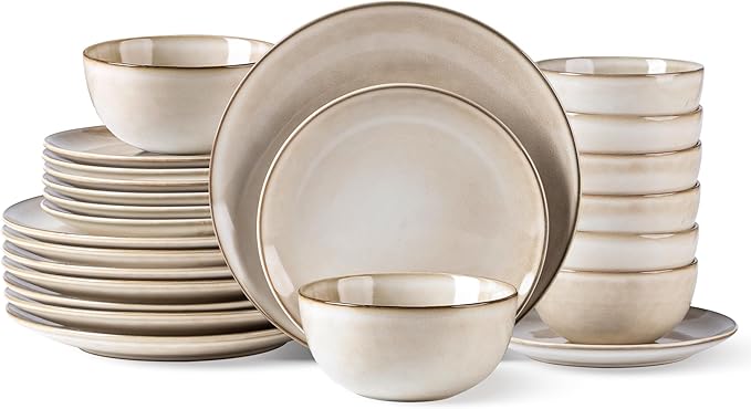 AmorArc Stoneware Dinnerware Sets for 8, 24 Pieces Handpainted Ceramic Plates and Bowls Set, Scratch Resistant Dishes Set, Dishwasher & Microwave Safe, Cappuccino