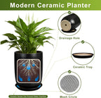Ceramic Planter 10 Inch - Ceramic Pot for Indoor Plants Outdoor Plant Pot with Drainage Hole and Saucer Cylinder Flower Pot Black