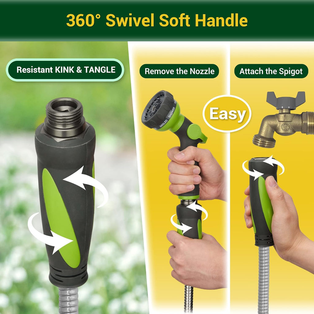 Garden Hose - Water Hose 75 FT with Swivel Handle & 8 Function Nozzle, Flexible, Heavy Duty, No Kink, Lightweight Metal Hose for Outdoor, Yard, 304 Stainless Steel