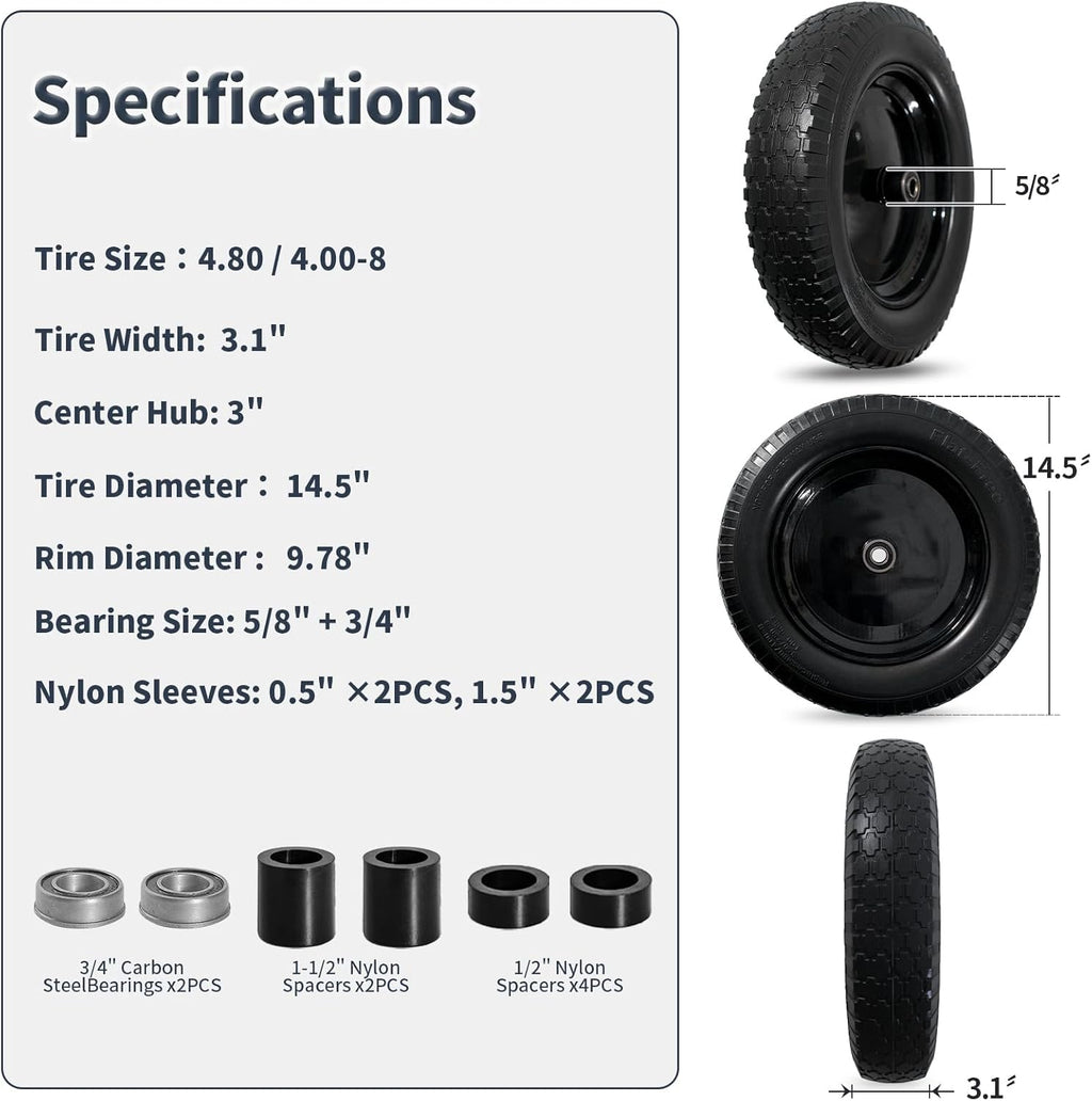 Wheelbarrow Tire 4.80/4.00-8 Flat Free Solid Tire Wheel 14.5 Inch, Replacement Heavy Duty Wheel, with 5.8" and 3.4" Bearings 3" Center Hub, fits Garden Cart, Dolly, Hand Truck, Trailer, Wagon, 1 Pcs